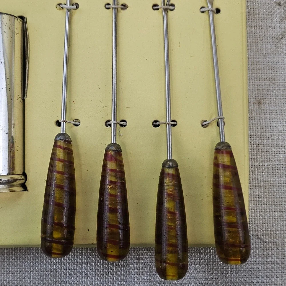 Vtg Appetizer Pick Set 8pc Amber Swirl Resin Handles Stainless Steel 510/5102
